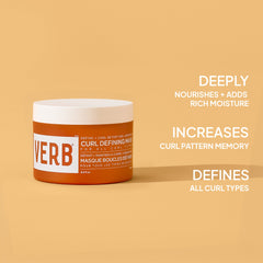 Verb Curl Defining Mask 6.5 oz jar with text highlighting rich moisture, curl pattern memory, and definition for all curl types