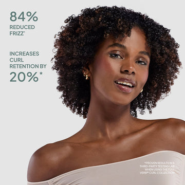 Model with voluminous natural curls beside claims of 84% reduced frizz and 20% increased curl retention from Verb Curl Defining Mask