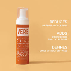 Verb Curl Foaming Gel 6.7 oz bottle with text highlighting frizz reduction, medium hold, and defined curls without stiffness