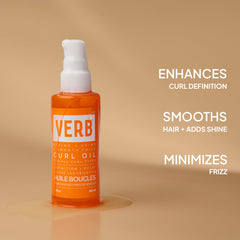 Verb Curl Oil 3 oz highlighting curl definition, smoother hair, added shine, and reduced frizz