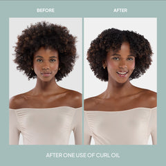 Before-and-after comparison showing black curly hair appearing more defined and polished after one use of Verb Curl Oil