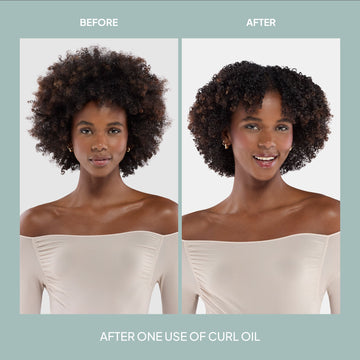 Before-and-after comparison showing black curly hair appearing more defined and polished after one use of Verb Curl Oil