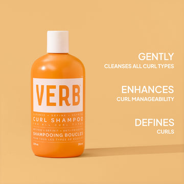 Verb Curl Shampoo bottle with benefits for gently cleansing, enhancing curl manageability, and defining curls