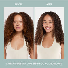 Before-and-after comparison showing more defined, smoother curls after one use of Verb Curl Shampoo and Conditioner