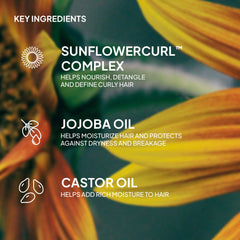 Verb Curl Shampoo key ingredients graphic featuring SunflowerCurl Complex, jojoba oil, and castor oil