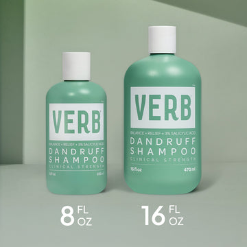 Verb Dandruff Shampoo 8 oz and 16 oz bottles shown side by side