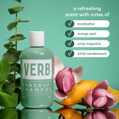 Verb Dandruff Shampoo 8 oz bottle with eucalyptus, orange peel, crisp magnolia, and white sandalwood fragrance notes
