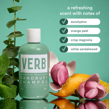 Verb Dandruff Shampoo 8 oz bottle with eucalyptus, orange peel, crisp magnolia, and white sandalwood fragrance notes