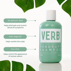 Verb Dandruff Shampoo 8 oz bottle highlighting 3% salicylic acid, clary sage oil, and zinc PCA