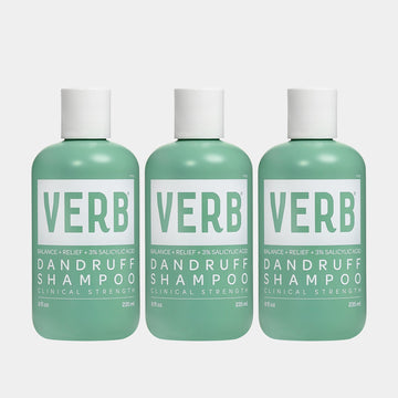 Three Verb Dandruff Shampoo 8 oz bottles displayed against a light gray background