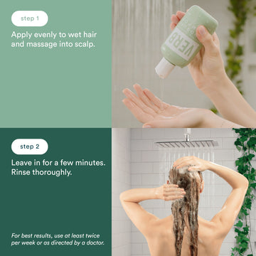 Verb Dandruff Shampoo usage instructions showing application to wet hair, scalp massage, rinsing, and recommended use at least twice weekly