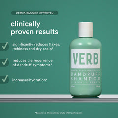 Verb Dandruff Shampoo bottle with clinically proven claims for reducing flakes, itchiness, dry scalp, and recurring dandruff symptoms