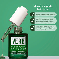 Verb Density Peptide Hair Serum 1 oz with claims of denser-looking hair, increased thickness and fullness, and reduced visible hair shedding