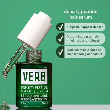 Verb Density Peptide Hair Serum 1 oz with claims of denser-looking hair, increased thickness and fullness, and reduced visible hair shedding