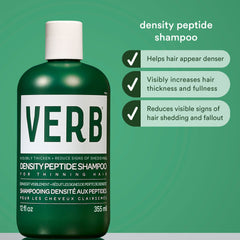 Verb Density Peptide Shampoo highlighting denser-looking hair, increased thickness and fullness, and reduced visible signs of shedding