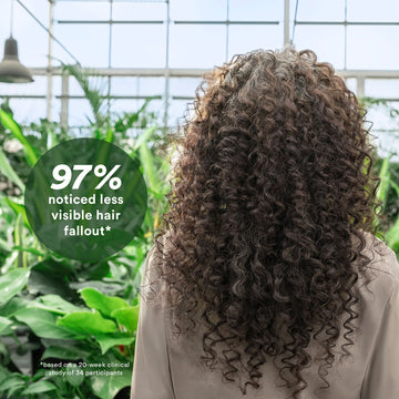Verb Density Peptide Shampoo results graphic featuring curly dark hair and a claim of 97% less visible hair fallout