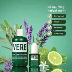 Verb Density Peptide Shampoo and Hair Serum displayed with bergamot, sage, lavender, and rosemary fragrance notes