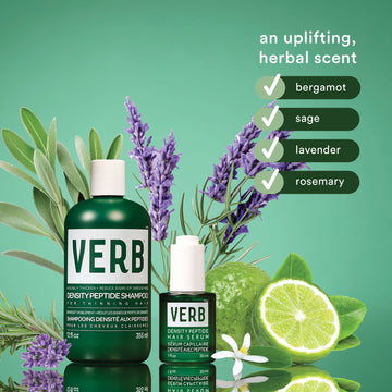 Verb Density Peptide Shampoo and Hair Serum displayed with bergamot, sage, lavender, and rosemary fragrance notes