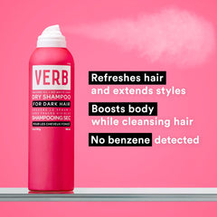 Verb Dry Shampoo Dark 5 oz with claims of refreshing hair, extending styles, boosting body, and no benzene detected