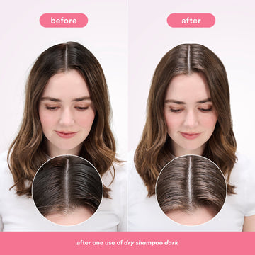 Before-and-after comparison showing brown hair roots appearing fresher after one use of Verb Dry Shampoo Dark