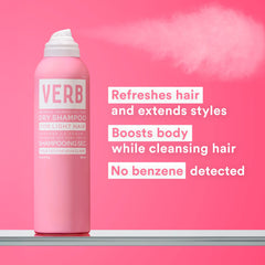 Verb Dry Shampoo Light 5 oz for light hair with claims of refreshing hair, extending styles, boosting body, and no benzene detected