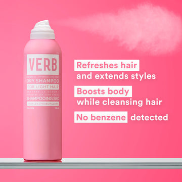 Verb Dry Shampoo Light 5 oz for light hair with claims of refreshing hair, extending styles, boosting body, and no benzene detected