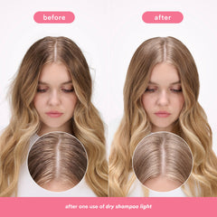 Before-and-after comparison showing blonde hair and roots appearing fresher after one use of Verb Dry Shampoo Light