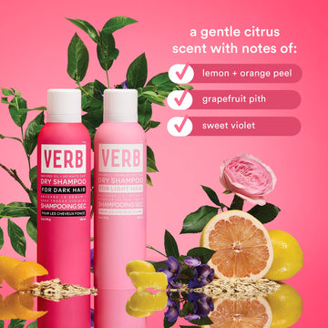 Verb Dry Shampoo Light and Dark 5 oz bottles with citrus fragrance notes of lemon, orange peel, grapefruit pith, and sweet violet