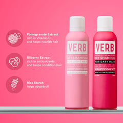 Verb Dry Shampoo Light and Dark 5 oz bottles highlighting pomegranate extract, bilberry extract, and rice starch