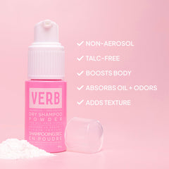 Verb Dry Shampoo Powder 2 oz bottle with claims of being non-aerosol, talc-free, oil- and odor-absorbing, and body-boosting