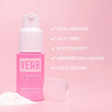 Verb Dry Shampoo Powder 2 oz bottle with claims of being non-aerosol, talc-free, oil- and odor-absorbing, and body-boosting