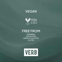 Verb Dry Shampoo Powder graphic highlighting its vegan formula and freedom from parabens, phthalates, harmful sulfates, and gluten