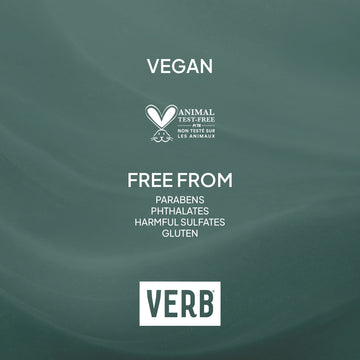 Verb Dry Shampoo Powder graphic highlighting its vegan formula and freedom from parabens, phthalates, harmful sulfates, and gluten