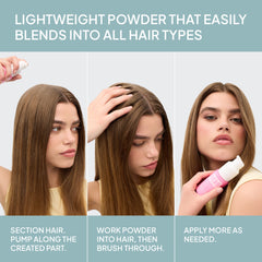 Verb Dry Shampoo Powder application guide showing how to section hair, apply powder along the part, and brush it through
