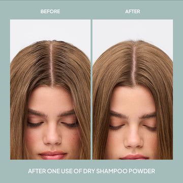 Before-and-after comparison showing brown hair roots appearing fresher after one use of Verb Dry Shampoo Powder