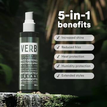 Verb Frizz Defense Smoothing Spray 5.4 oz bottle with five benefits: increased shine, reduced frizz, heat protection, humidity protection, and extended styles