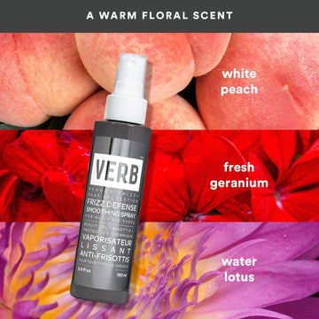 Verb Frizz Defense Smoothing Spray 5.4 oz bottle with fragrance notes of white peach, fresh geranium, and water lotus