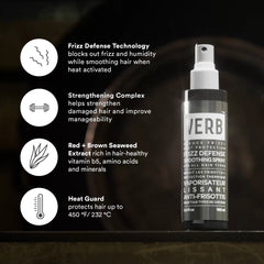 Verb Frizz Defense Smoothing Spray 5.4 oz bottle with information about frizz defense technology, strengthening complex, seaweed extract, and heat protection