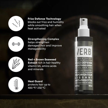 Verb Frizz Defense Smoothing Spray 5.4 oz bottle with information about frizz defense technology, strengthening complex, seaweed extract, and heat protection