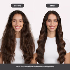 Before-and-after comparison of a brunette model showing smoother, more defined wavy hair after one use of Verb Frizz Defense Smoothing Spray
