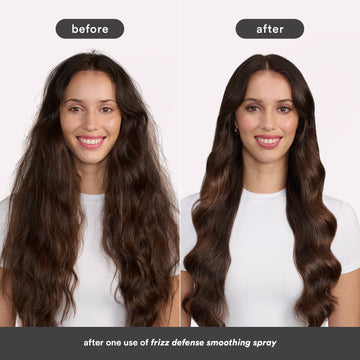 Before-and-after comparison of a brunette model showing smoother, more defined wavy hair after one use of Verb Frizz Defense Smoothing Spray