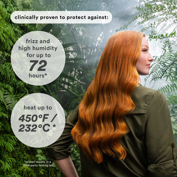 Red-haired model beside claims of protection against frizz and high humidity for up to 72 hours and heat up to 450°F