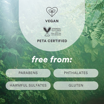 Verb Frizz Defense Smoothing Spray certification graphic showing vegan, PETA certified, and free from parabens, phthalates, harmful sulfates, and gluten