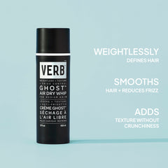 Verb Ghost Air Dry Whip 5 oz highlighting weightless definition, frizz reduction, smooth hair, and touchable texture