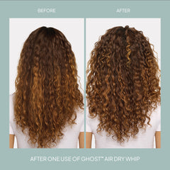 Before-and-after comparison showing brown curly hair with more defined curls after one use of Verb Ghost Air Dry Whip