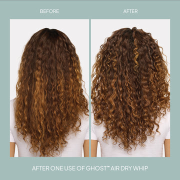 Before-and-after comparison showing brown curly hair with more defined curls after one use of Verb Ghost Air Dry Whip