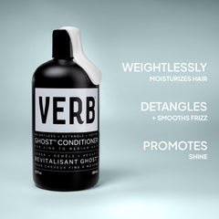 Verb Ghost Conditioner highlighting lightweight moisture, detangling, frizz smoothing, and shine benefits