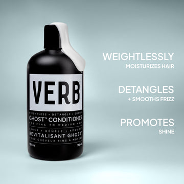 Verb Ghost Conditioner highlighting lightweight moisture, detangling, frizz smoothing, and shine benefits