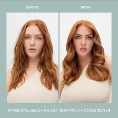 Before-and-after comparison showing red hair styled into smoother, fuller waves after one use of Verb Ghost Shampoo and Conditioner