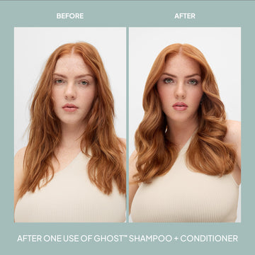 Before-and-after comparison showing red hair styled into smoother, fuller waves after one use of Verb Ghost Shampoo and Conditioner